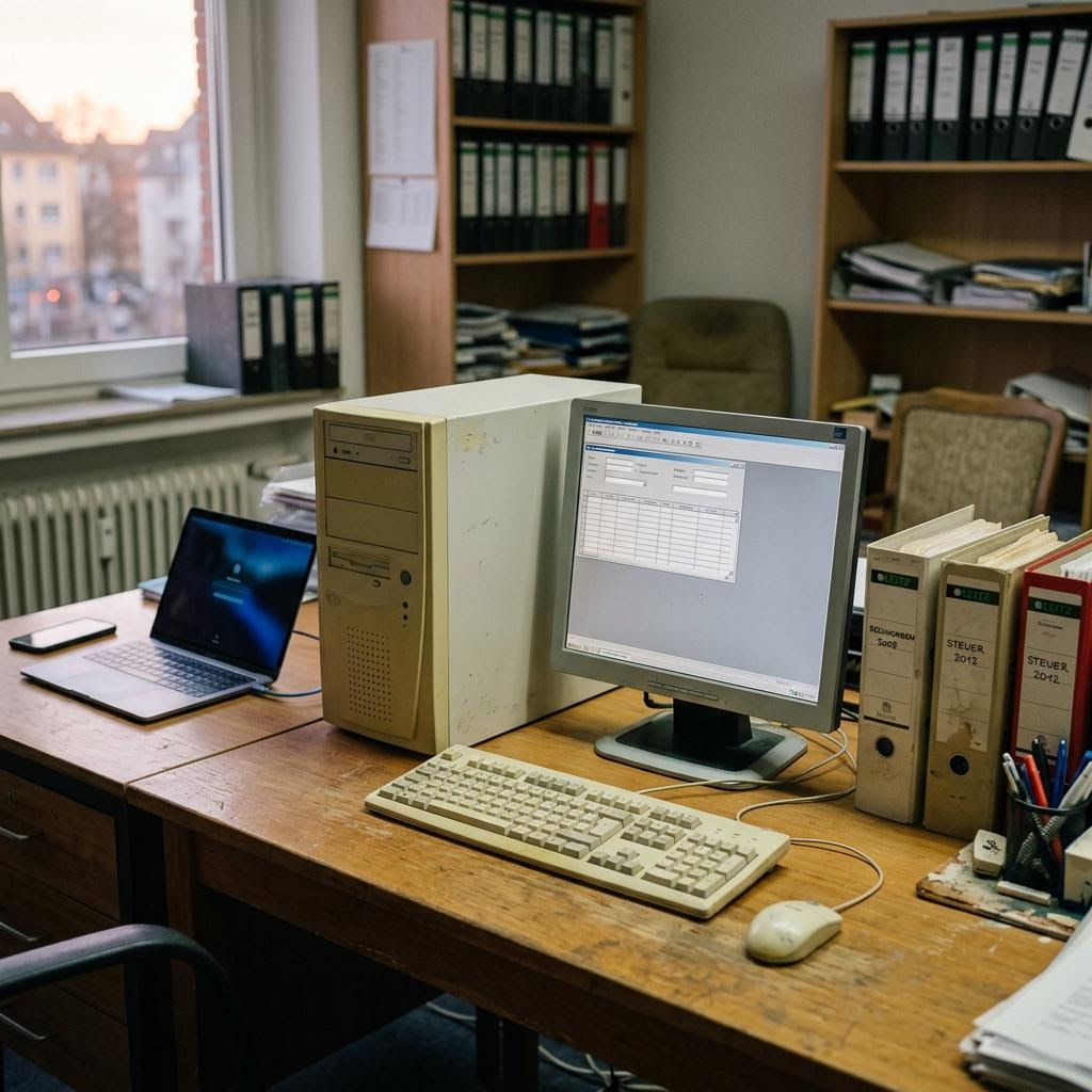 KI-generiertes Symbolbild: älterer Bürorechner mit Datenbankmaske, Aktenordnern und einem modernen Laptop.