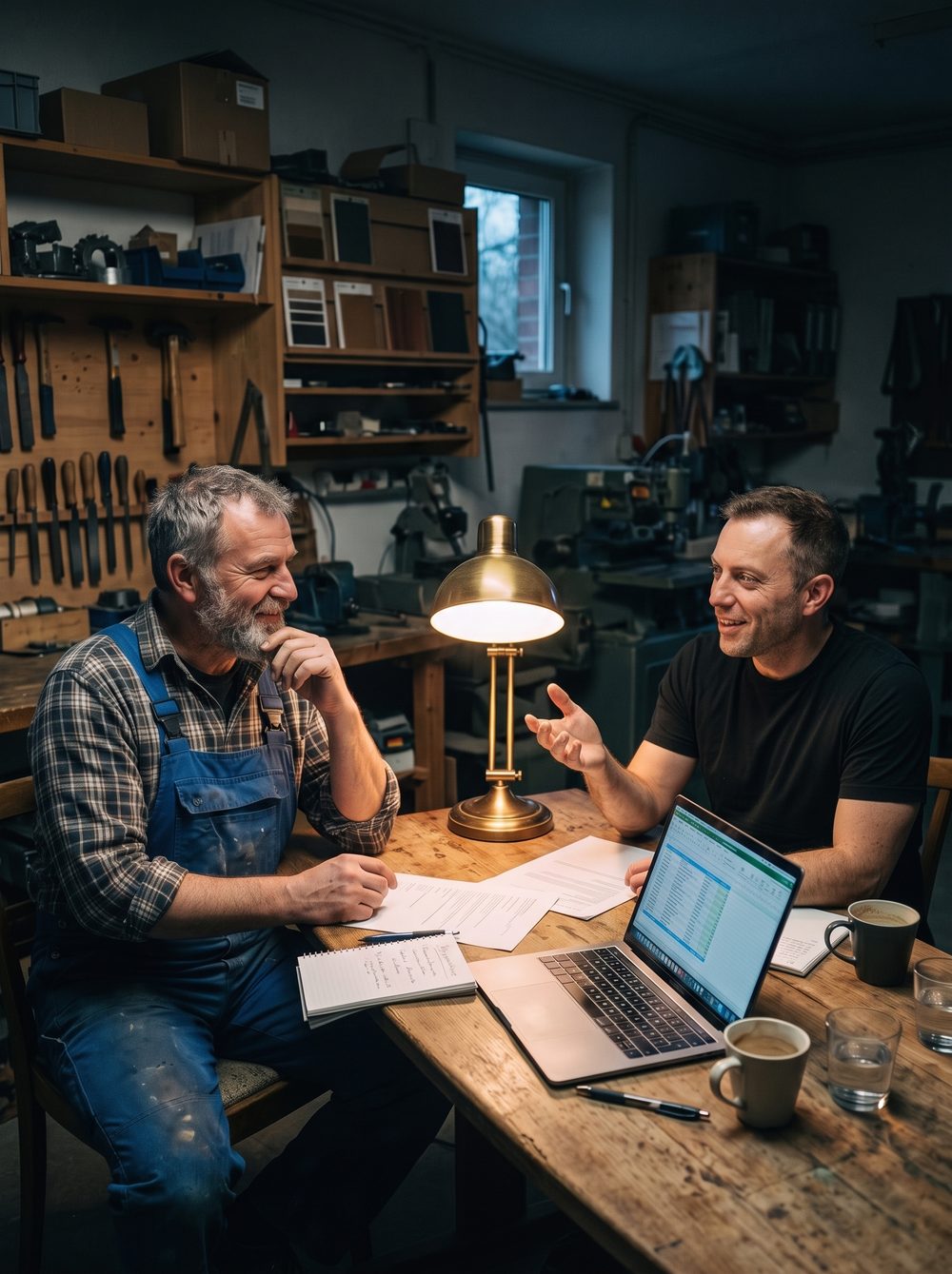 Ein Handwerker und Hendrik Naumann sitzen mit Laptop und Unterlagen an einem Holztisch und sprechen miteinander