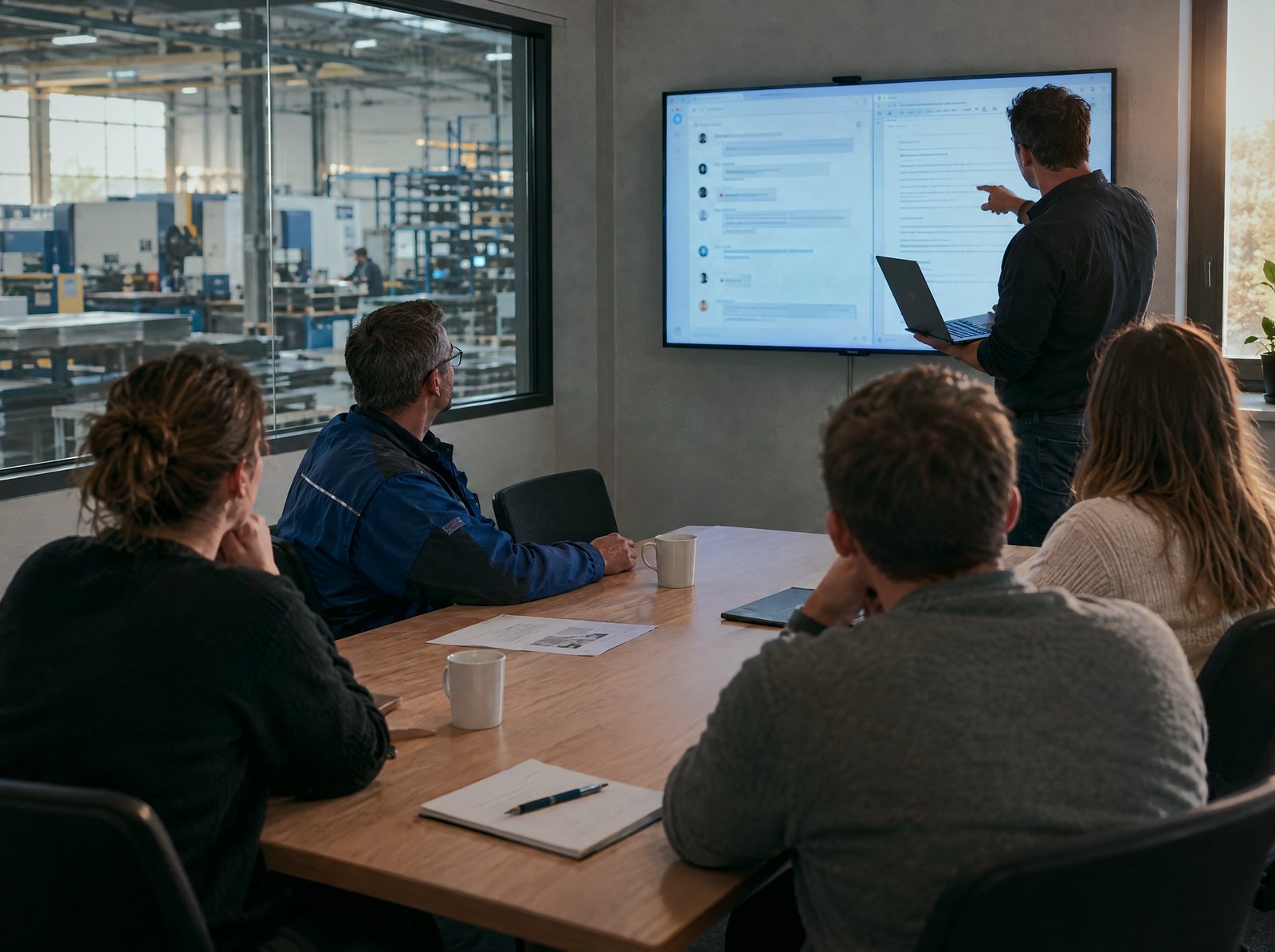 Mitarbeiter eines Metallbetriebs verfolgen im Besprechungsraum die Vorführung eines KI-Assistenten auf einem großen Bildschirm